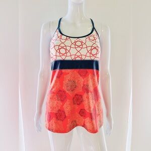 Soybu red white and blue denim print cross back yoga athletic top. Size M. NWOT.